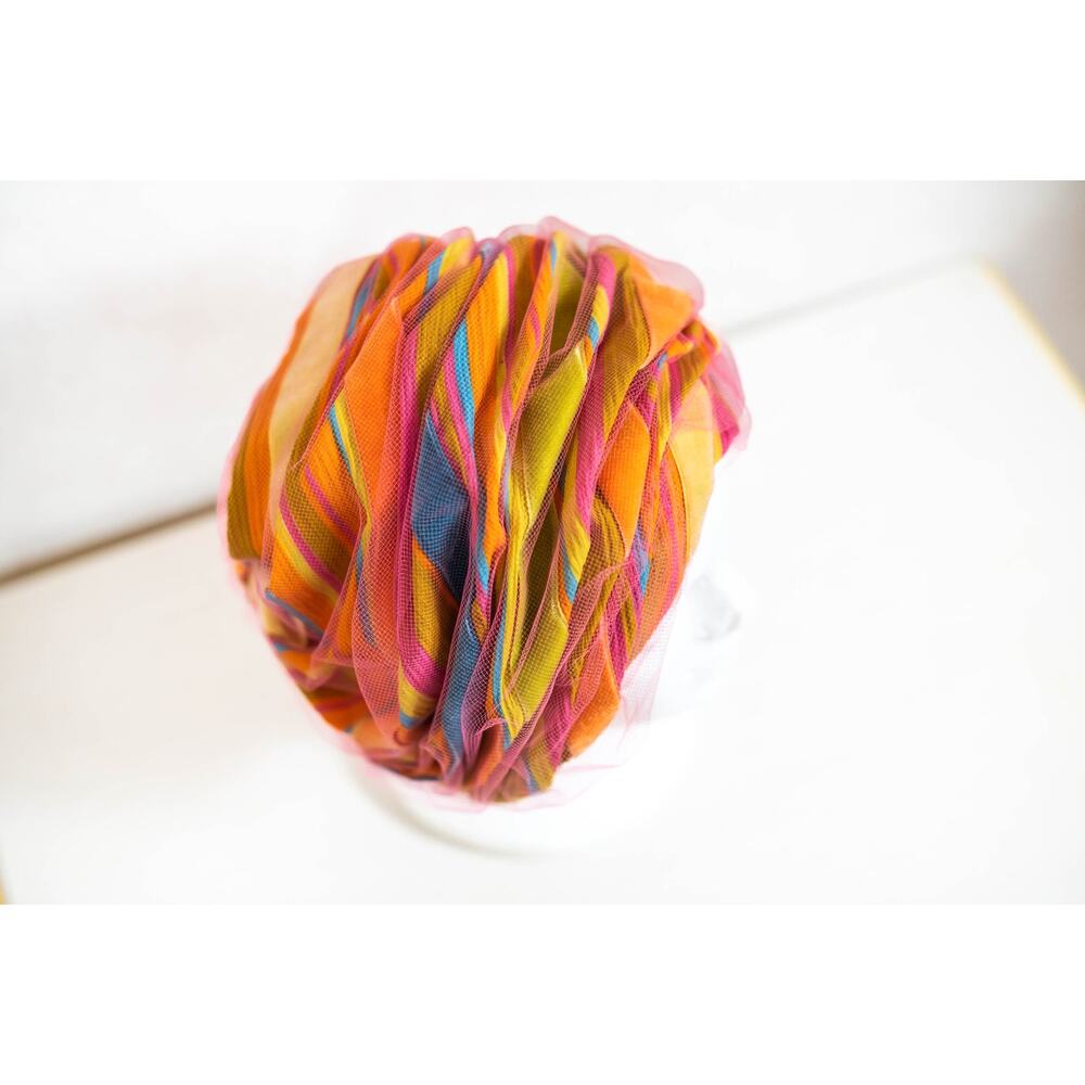 Vintage 60s Bright Colorful Christian Dior Hat, Turban Tulle Chapeaux Cloche - Picture 9 of 12